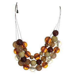 Chunky Wood & Amber Color Acrylic Bead Copper Wire Triple Strand Necklace 14-17"